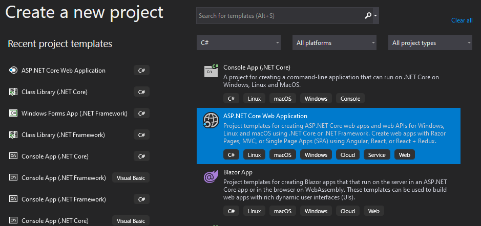 Project type selection for ASP.Net Core