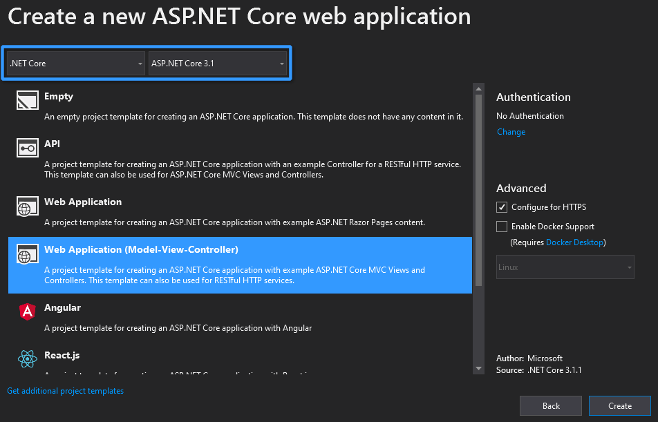 Project template selection for .Net Core 3.1 MVC